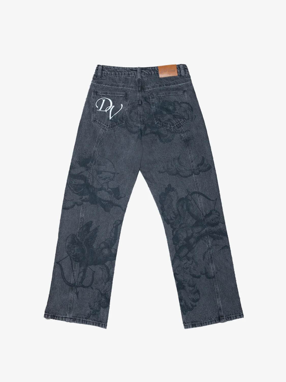 Cupid print faded blue jeans