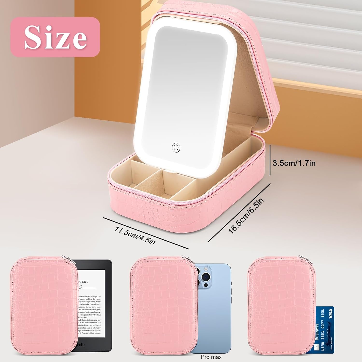 Small Travel LED Makeup Mirror Case with 3 Adjustable Color Light Settings, Dust-Proof Jewelry Box, Mini Cosmetic Train Case Ideal for Short Trips (Croc Pink)