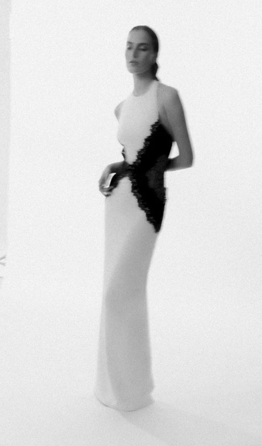 Open Back Maxi Dress In Crepe & Lace