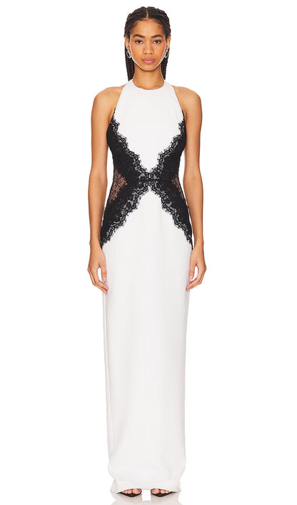 Open Back Maxi Dress In Crepe & Lace