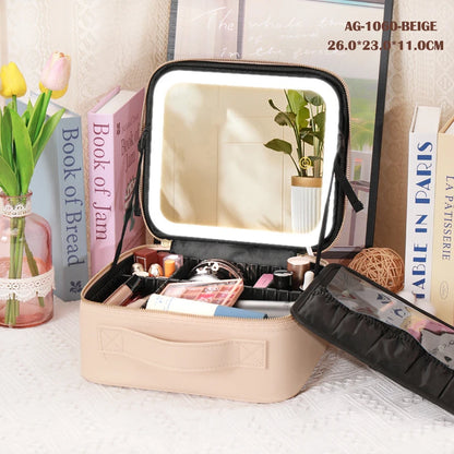 Cosmetic Portable Travel Storage Box with 2000Mah Led Rechargeable Vanity Bags Makeup Case with Led Light Mirror