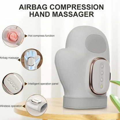 Electric Hand Massager Ｗith Airbag Compression Warm Heating Cordless Glove Massager Application for Palm Finger Relaxation Gift