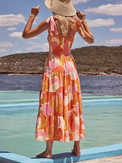 Sleeveless Sea Charm Pleated Stretch Chest Print Cami Dress