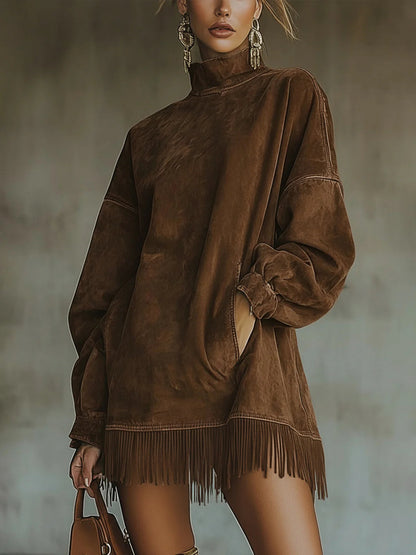 Faux Suede Turtleneck Dress With Fringe Hem