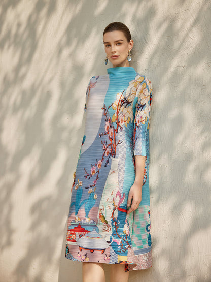 Artistic Print Pleated High Neck Dress