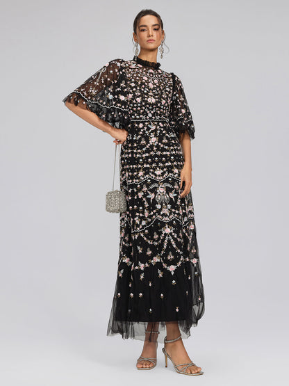 Embroidered Floral Ruffled Tulle Dress