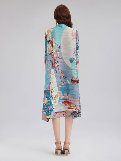 Artistic Print Pleated High Neck Dress