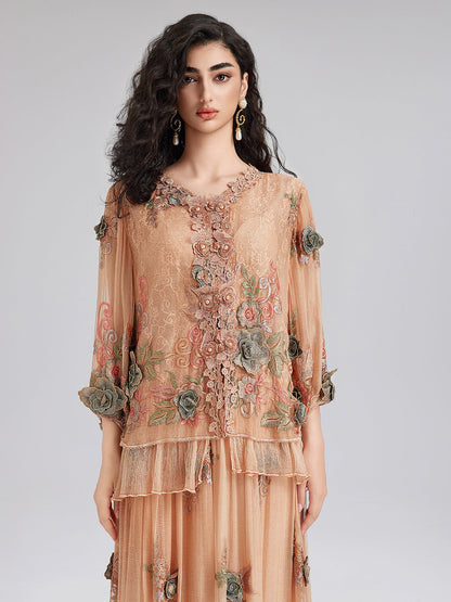 Handcrafted 3D Floral Silk Top