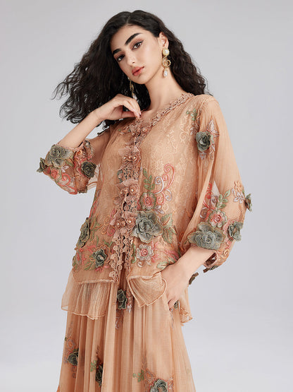 Handcrafted 3D Floral Silk Top