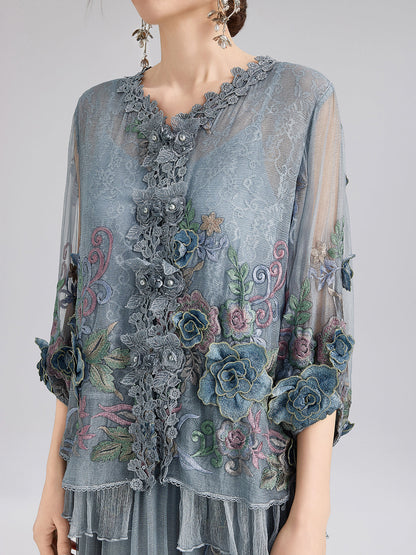 Handcrafted 3D Floral Silk Top