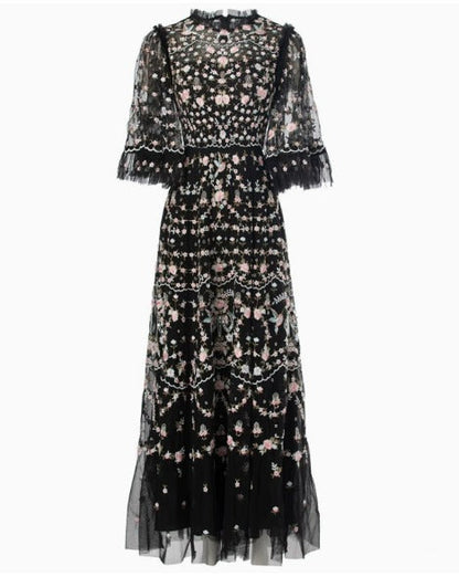 Embroidered Floral Ruffled Tulle Dress