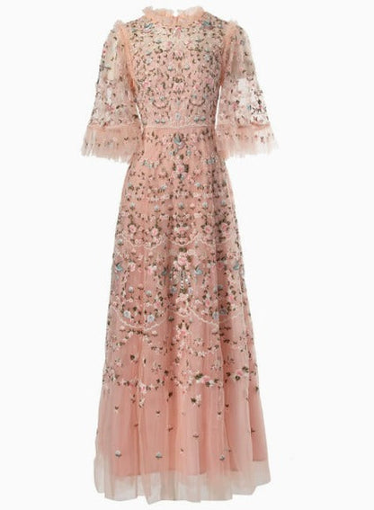 Embroidered Floral Ruffled Tulle Dress