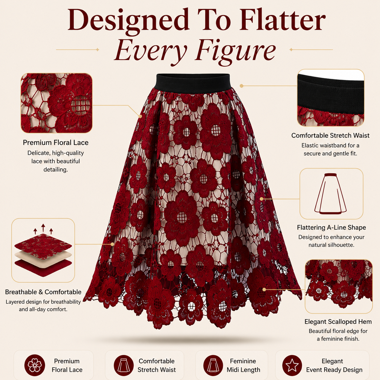 Elegant Boho Lace Midi Skirt