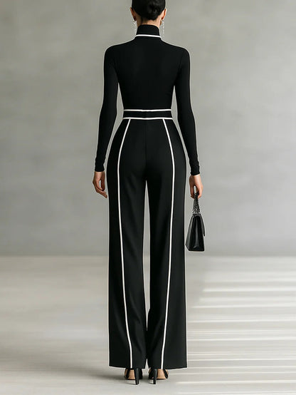 White Trim High-neck Long-sleeved Top With Wide-leg Pants and Belt Set