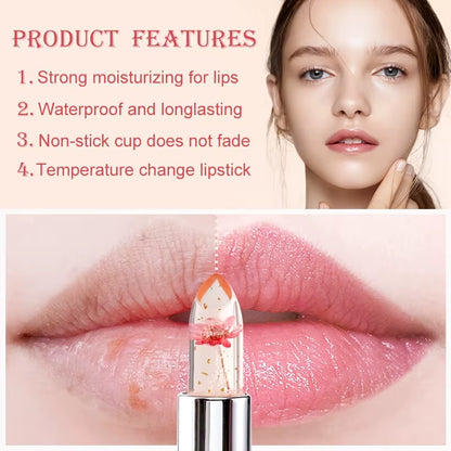 Crystal Flower Jelly Lipstick, Long Lasting Nutritious Lip Balm Lips Moisturizer Temperature Color Change Lip Gloss