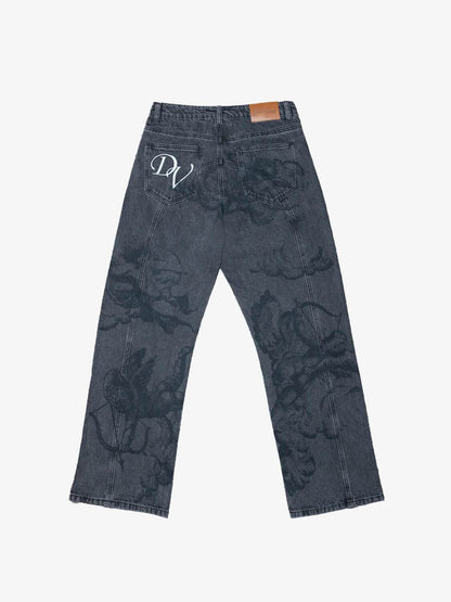 Cupid print faded blue jeans