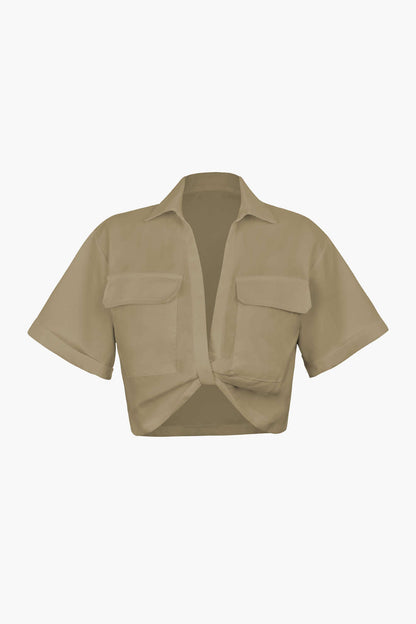 Basic Flap Pocket Twist Hem Shirt