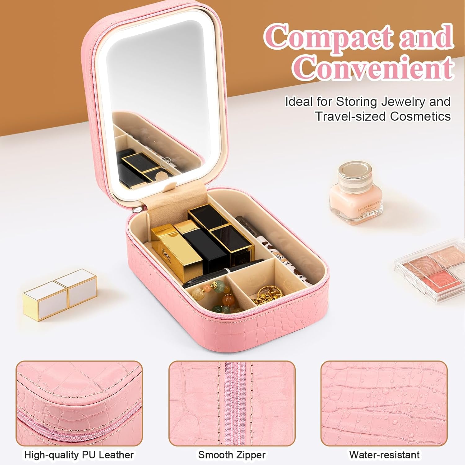 Small Travel LED Makeup Mirror Case with 3 Adjustable Color Light Settings, Dust-Proof Jewelry Box, Mini Cosmetic Train Case Ideal for Short Trips (Croc Pink)