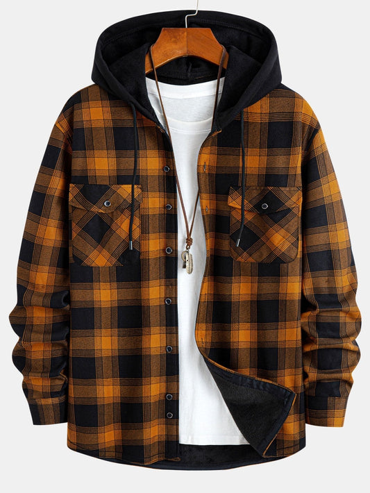 Flannel Fleece Lined Hooded Shirt With Pockets