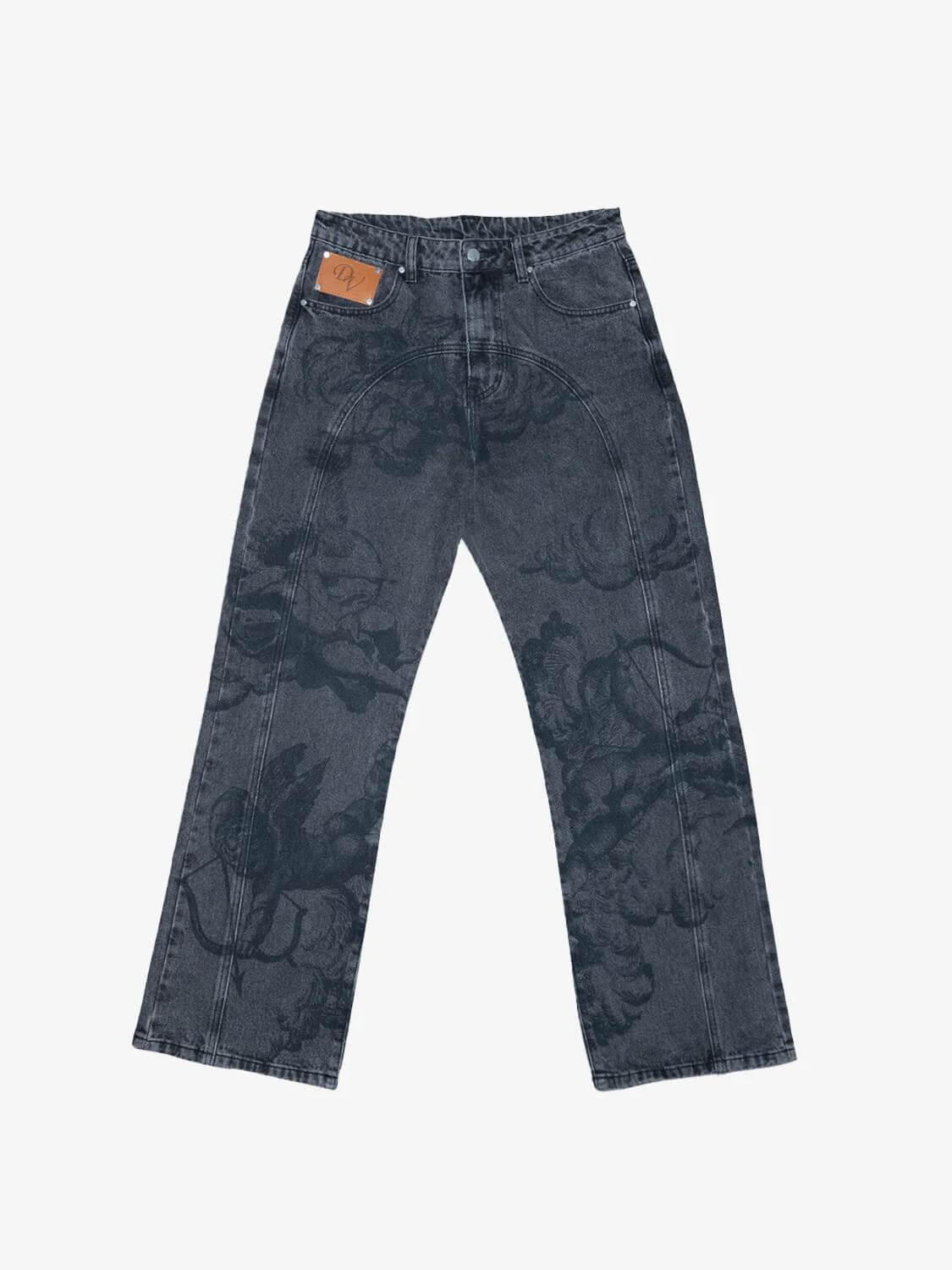 Cupid print faded blue jeans