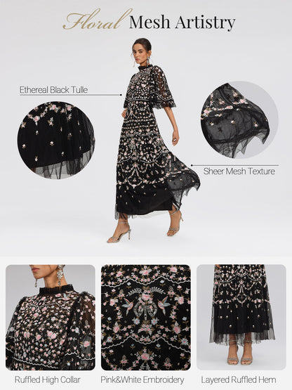 Embroidered Floral Ruffled Tulle Dress
