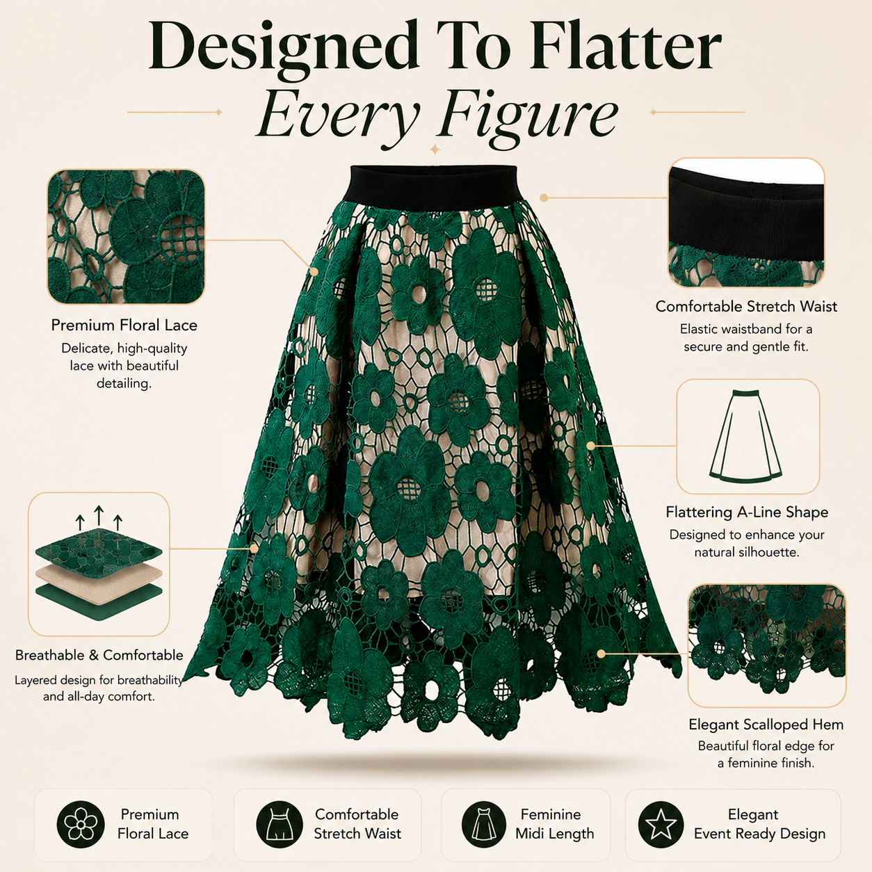 Elegant Boho Lace Midi Skirt