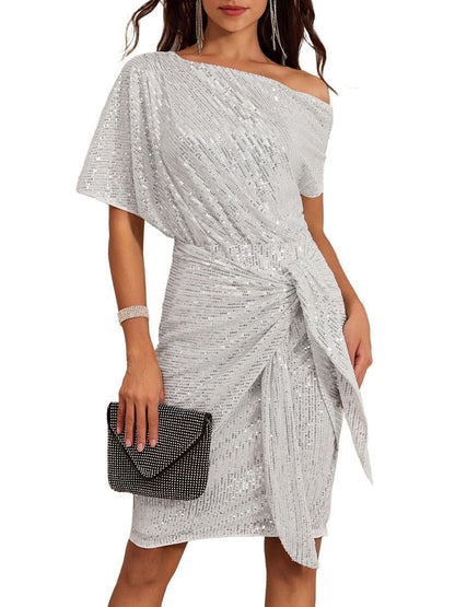 Sparkly One-Shoulder Ruched Dress