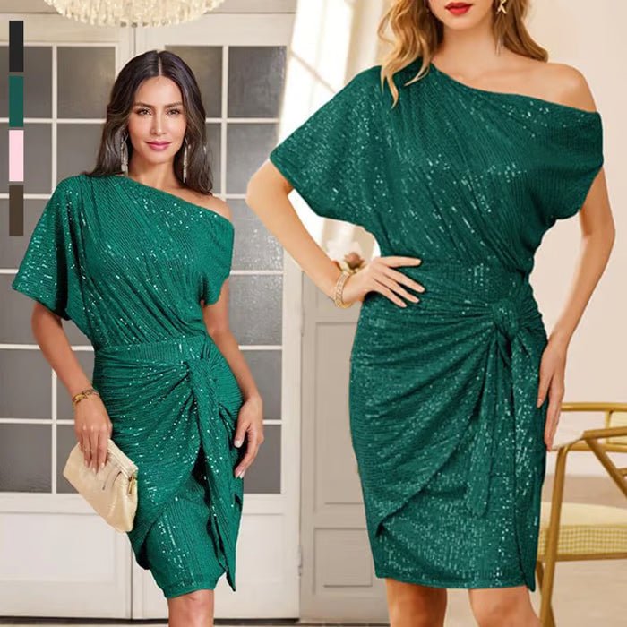 Sparkly One-Shoulder Ruched Dress